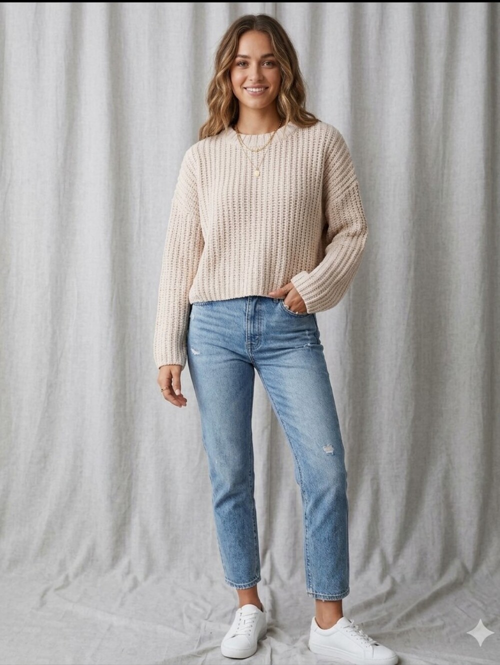 Olive + Oak Cropped Knit Sweater Sz L Beige